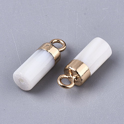 Creamy White Natural Freshwater Shell Charms, with Light Gold Plated Brass Loop and Half Drilled Hole, Column, Creamy White, 14x5mm, Hole: 1.8mm, Half Hole: 1mm