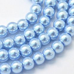 Sky Blue Baking Painted Pearlized Glass Pearl Round Bead Strands, Sky Blue, 6~7mm, Hole: 1mm, about 145pcs/strand, 31.4 inch