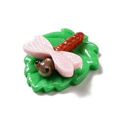 Dragonfly Opaque Resin Cabochons, Leaf, Pink, Dragonfly Pattern, 28.5x23x8.5mm
