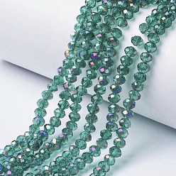Dark Cyan Electroplate Transparent Glass Beads Strands, Half Rainbow Plated, Faceted, Rondelle, Dark Cyan, 3.5x3mm, Hole: 0.4mm, about 123~127pcs/strand, 13.7~14.1 inch(35~36cm)
