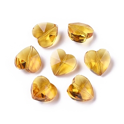 Vara de Oro Perlas de vidrio transparentes, facetados, corazón, vara de oro, 14x14x8~9 mm, agujero: 1~1.2 mm