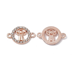 Rose Gold Alloy Connector Charms, with Crystal Rhinestones, Flat Round Links with Angel, Rose Gold, 15.8x23x2mm, Hole: 2.2mm