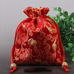 FireBrick Chinese Style Flower Pattern Satin Jewelry Packing Pouches, Drawstring Gift Bags, Rectangle, FireBrick, 14x11cm