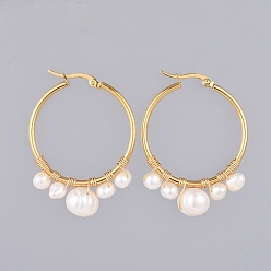 Golden Hoop Earrings, with Natural Pearl, Copper Wire, 304 Stainless Steel Hoop Earrings and Cardboard Boxes, White, Golden, 44.5x33.5mm, Pin: 1.5mm