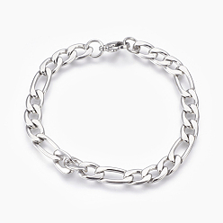 Stainless Steel Color 304 Stainless Steel Figaro Chain Bracelets, with Lobster Claw Clasps, Stainless Steel Color, 8-1/2 inch(21.5cm)