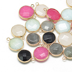 Mixed Color Natural & Synthetic Mixed Stone Pendants, with Brass Findings, Faceted, Flat Round, Golden, Mixed Color, 19~21x15~16x6~7mm, Hole: 2mm