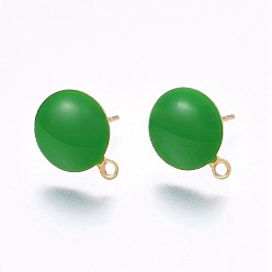 Green Ion Plating(IP) 304 Stainless Steel Stud Earring Findings, with Loop, Enamel, Flat Round, Golden, Green, 12.5x10x2mm, Hole: 1.2mm, Pin: 0.8mm, 100pc/bag
