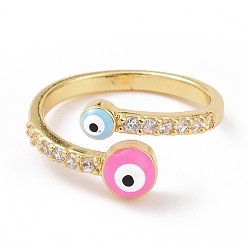 Hot Pink Enamel Evil Eye Open Cuff Ring with Clear Cubic Zirconia, Gold Plated Brass Jewelry for Women, Cadmium Free & Lead Free, Hot Pink, US Size 8 3/4(18.7mm)