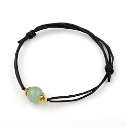 Green Aventurine Gemstone Adjustable Link Bracelets, with Alloy Bead Caps and Waxed Cotton Cord, Antique Golden, Green Aventurine, 43~75mm