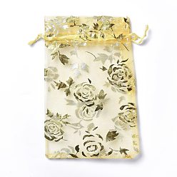 Champagne Yellow Organza Drawstring Jewelry Pouches, Wedding Party Gift Bags, Rectangle with Gold Stamping Rose Pattern, Champagne Yellow, 15x10x0.11cm