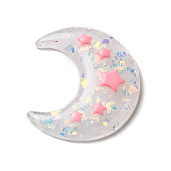 White Translucent Resin Cabochons, Moon with Star Paillette, White, 36x32.5x6mm