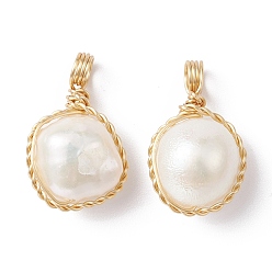 Snow Natural Cultured Freshwater Pearl Copper Wire Wrapped Pendants, Round Charms, Golden, Snow, 18.5~21x11~12x7.5~9.5mm, Hole: 3mm