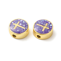 Dark Orchid Rack Plating Brass Enamel Beads, with Shell Chips, Long-lasting Plated, Cadmium Free & Lead Free,Flat Round with Cross, Golden, Dark Orchid, 11x4.5mm, Hole: 1.8mm