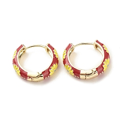 Dark Red Daisy Flower Enamel Hoop Earrings, Gold Plated Brass Hinged Earrings for Women, Dark Red, 20x22x5mm, Pin: 0.9mm