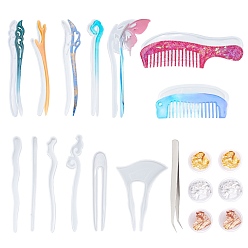 Mixed Color DIY Hairpin & Comb Silicone Molds Kits, Resin Casting Molds, with UV Gel Nail Art Tinfoil and 304 Stainless Steel Beading Tweezers, Mixed Color