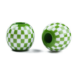Lime Green Opaque Resin European Beads, Large Hole Beads, Round with Tartan Pattern, Lime Green, 19.5x18mm, Hole: 6mm
