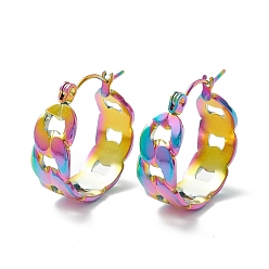 Rainbow Color 304 Stainless Steel Cuban Link Chunky Hoop Earrings for Women, Rainbow Color, 21.5x19.5x8mm, Pin: 0.7mm