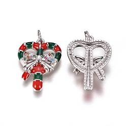 Platinum Brass Micro Pave Cubic Zirconia Pendants, with Enamel and Jump Ring, Christmas Candy Cane, Red & Green, Platinum, 21x16x5mm, Hole: 3.5mm