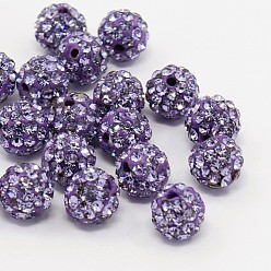Violet Polymer Clay Rhinestone Beads, Pave Disco Ball Beads, Grade A, Half Drilled, Round, Violet, PP9(1.5.~1.6mm), 6mm, Hole: 1.2mm