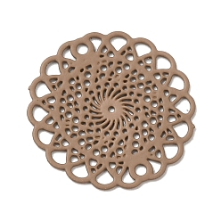 Tan 430 Stainless Steel Connector Charms, Etched Metal Embellishments, Flat Round with Flower Links, Tan, 18x0.5mm, Hole: 1.2mm