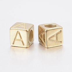 Doré  304 Perles en acier inoxydable grand trou lettre européenne, trou horizontal, cube avec letter.a, or, 8x8x8mm, Trou: 5mm