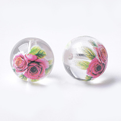 Clair Perles de verre transparentes imprimées et peintes au pistolet, ronde avec motif de fleurs, clair, 10~10.5x9.5mm, Trou: 1.6mm
