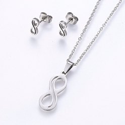 Stainless Steel Color 304 Stainless Steel Jewelry Sets, Stud Earrings and Pendant Necklaces, Infinity, Stainless Steel Color, Necklace: 17.7 inch(45cm), Stud Earrings: 9.5x4x1.2mm, Pin: 0.8mm