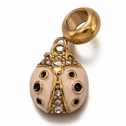 Golden 304 Stainless Steel European Dangle Charms, Large Hole Pendants, with Crystal Rhinestone and Pink Enamel, Ladybug, Golden, 23mm, Hole: 4.5mm, Pendants: 14.5x11.5x5mm