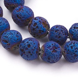 Plaqué Bleu Placage sous vide brins de perles de lave naturelle galvanisés, ronde, bleu plaqué, 8~8.5mm, Trou: 1mm, Environ 48 pcs/chapelet, 15.35 pouce (39 cm)