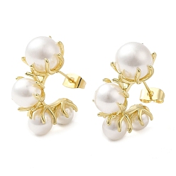 Real 16K Gold Plated Rack Plating Brass Flower Stud Earrings, ABS Plastic Imitation Pearl Beaded Half Hoop Earrings, Real 16K Gold Plated, 24~25x12mm