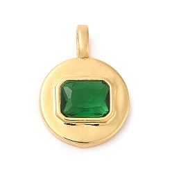 Green Brass with Cubic Zirconia Pendants, Real 16K Gold Plated, Flat Round Charm, Green, 20.5x15x4mm, Hole: 4x2.5mm