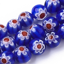 Blue Handmade Millefiori Lampwork Beads Strands, Round, Blue, 8mm, Hole: 1.2mm, about 48pcs/strand, 14.17 inch(36cm)