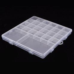 Clear Polypropylene(PP) Bead Storage Containers, 26 Compartments Organizer Boxes, Rectangle with Cover, Clear, 19x20x1.8cm, Hole: 17x6mm, compartment: 3x3cm, 7.05x7.05cm, 11.3x7cm