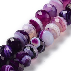 Púrpura Hebras de ágata natural / cuentas de ágata rayada, teñido y climatizada, rondelle facetas, púrpura, 10~10.5x6.5~7 mm, agujero: 1 mm, sobre 58 unidades / cadena, 15.31~15.43'' (38.9~39.2 cm)