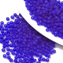 Blue Frosted Colours Glass Beads, Transparent Colours, Round, Blue, 4x3mm, Hole: 1mm, about 4500pcs/bag