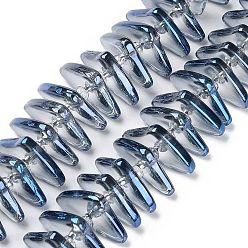 Marine Blue Electroplate Glass Beads Strands, Triangle, Marine Blue, 9x15.5~16x2.8~3mm,Hole:1mm, about 119~131pcs/strand, 24.21''~24.41''(61.5~62cm)