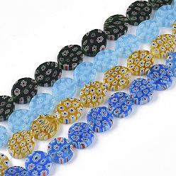 Mixed Color Handmade Millefiori Glass Beads Strands, Oval, Mixed Color, 12.5~15x11~13x4.5~5mm, Hole: 1.2mm, about 31~36pcs/Strand, 17.91 inch~18.23 inch