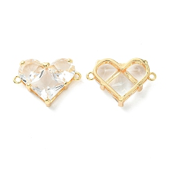 Clear Brass Pave Cubic Zirconia Connector Charms, Heart Links, Real 18K Gold Plated, Clear, 18.5x26x7.5mm, Hole: 1.6mm