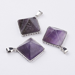 Amethyst Natural Amethyst Pendants, with Brass Finding, Pyramid, Platinum, 28.5x32x13mm, Hole: 3.5x6mm