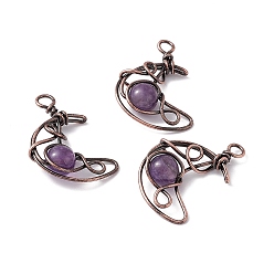 Amethyst Natural Amethyst Pendants, Moon Charms, with Rack Plating Red Copper Tone Brass Findings, Cadmium Free & Lead Free, 31.5~33x22x8.5mm, Hole: 2.5~3mm