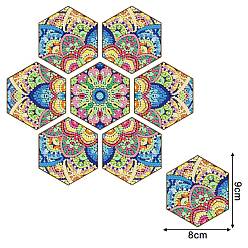 Fleur Kits de peinture au diamant de tapis de tasse de bricolage, y compris les sous-verres hexagonaux, strass de résine, stylo collant diamant, plaque de plateau et pâte à modeler, motif de fleur, 90x80x3mm, 7 pièces / kit
