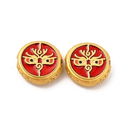 Red Alloy Beads, with Enamel, Golden, Flat Round with God of Wealth & Eye, Red, 13~13.5x4.5mm, Hole: 2mm