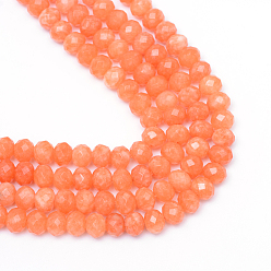 Coral Faceted Rondelle Dyed Natural White Jade Bead Strands, Coral, 6x4~5mm, Hole: 1mm, about 85pcs/strand, 14.5~14.9 inch(37~38cm)