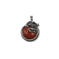 Goldstone Synthetic Goldstone Pendants, Flat Round Charms with Skeleton, with Antique Silver Plated Metal Findings, 40x35mm