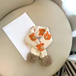 Blanc Floral Écharpe cache-cou ajustable en tricot de nylon pour garçons et filles, écharpe à col motif ours mignon pour enfants automne hiver, avec balle en peluche, floral blanc, 650x90mm