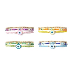 Mixed Color 3Pcs 3 Style Evil Eye Polymer Clay & Glass Seed Beaded Stretch Bracelets Set for Women, Mixed Color, Inner Diameter: 2-1/8 inch(5.3cm), 1Pc/style