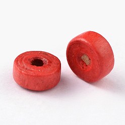 Red Natural Maple Wood Beads, Lead Free, Flat Round, Dyed, Red, 6x3mm, Hole: 2mm, about 14772pcs/1000g