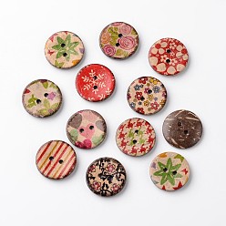 Mixed Color Flat Round 2-Hole Coconut Buttons, Mixed Color, 20x3mm, Hole: 2mm