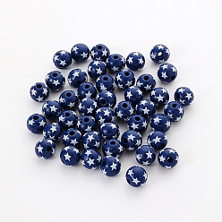 Star Independence Day Printed Wood Beads, Round, Prussian Blue, Star Pattern, 16mm
