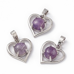 Amethyst Natural Amethyst Pendants, Heart Charms, with Platinum Tone Brass Findings, Cadmium Free & Nickel Free & Lead Free, 21.5x19.5x7.5~8mm, Hole: 7.5x5mm